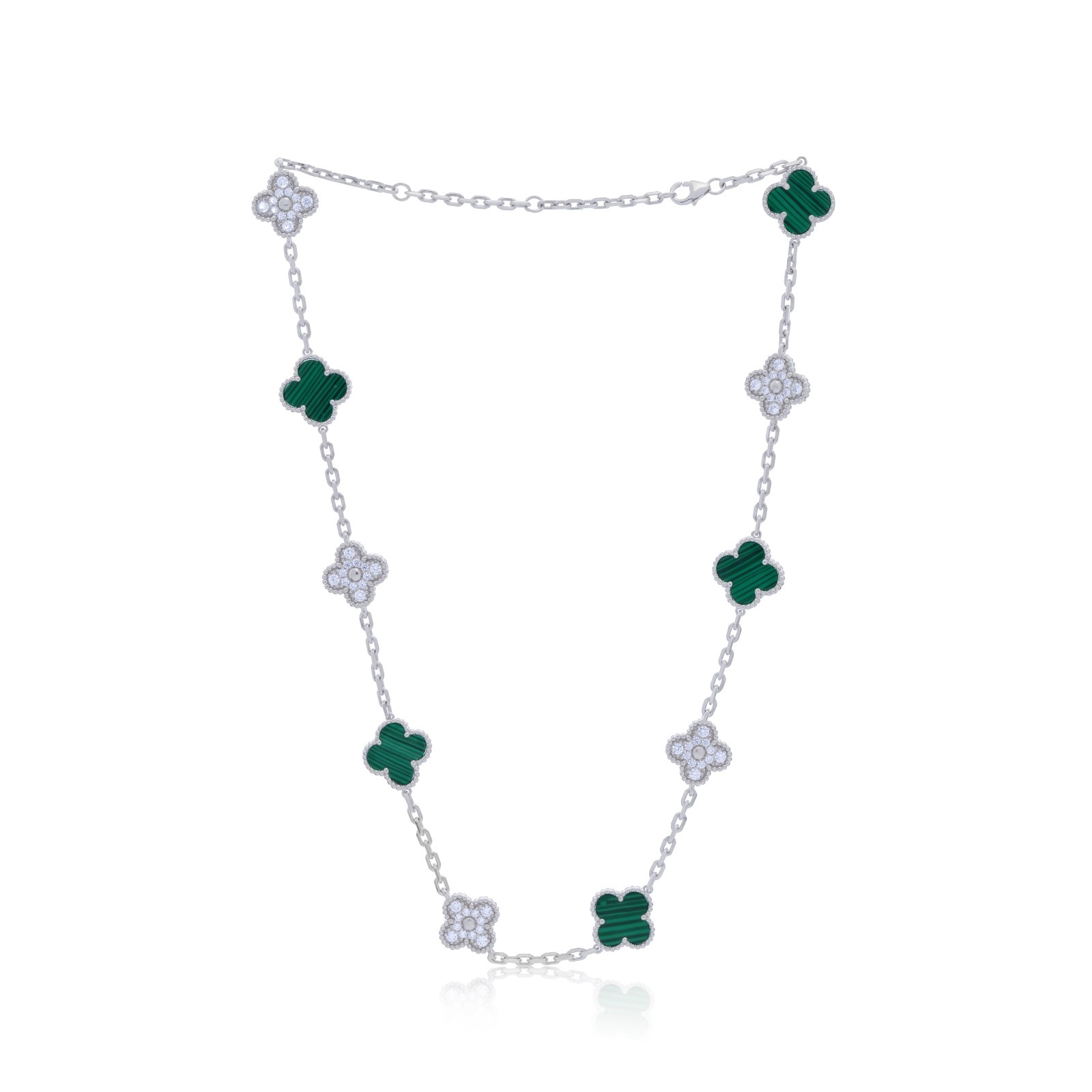 925 Sterling Silver Clover Malachite Long Necklace with CZ Accents