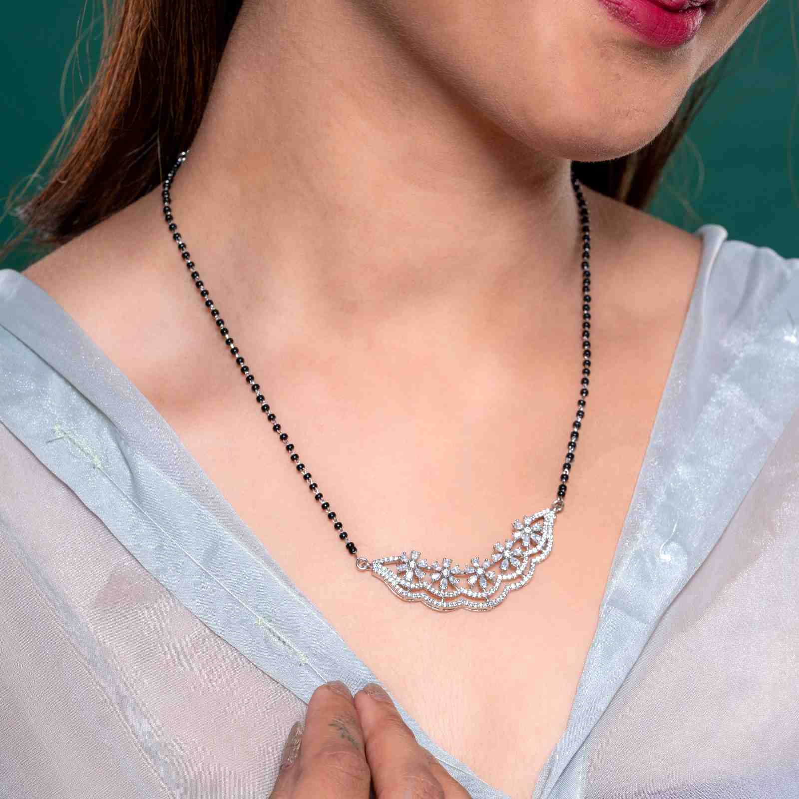 925 Sterling Silver Floral Lace Mangalsutra with Matching Earrings