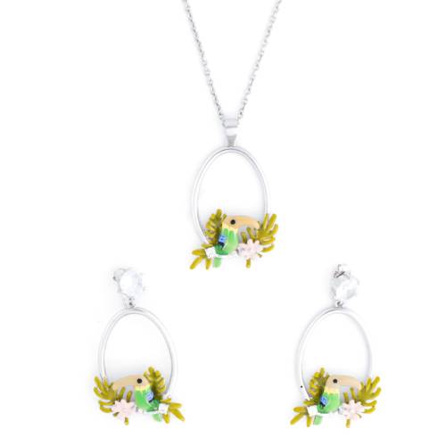 Blooming Grace Set – 925 Silver Chain Pendant & Earrings with Hand-Painted Floral Detailing