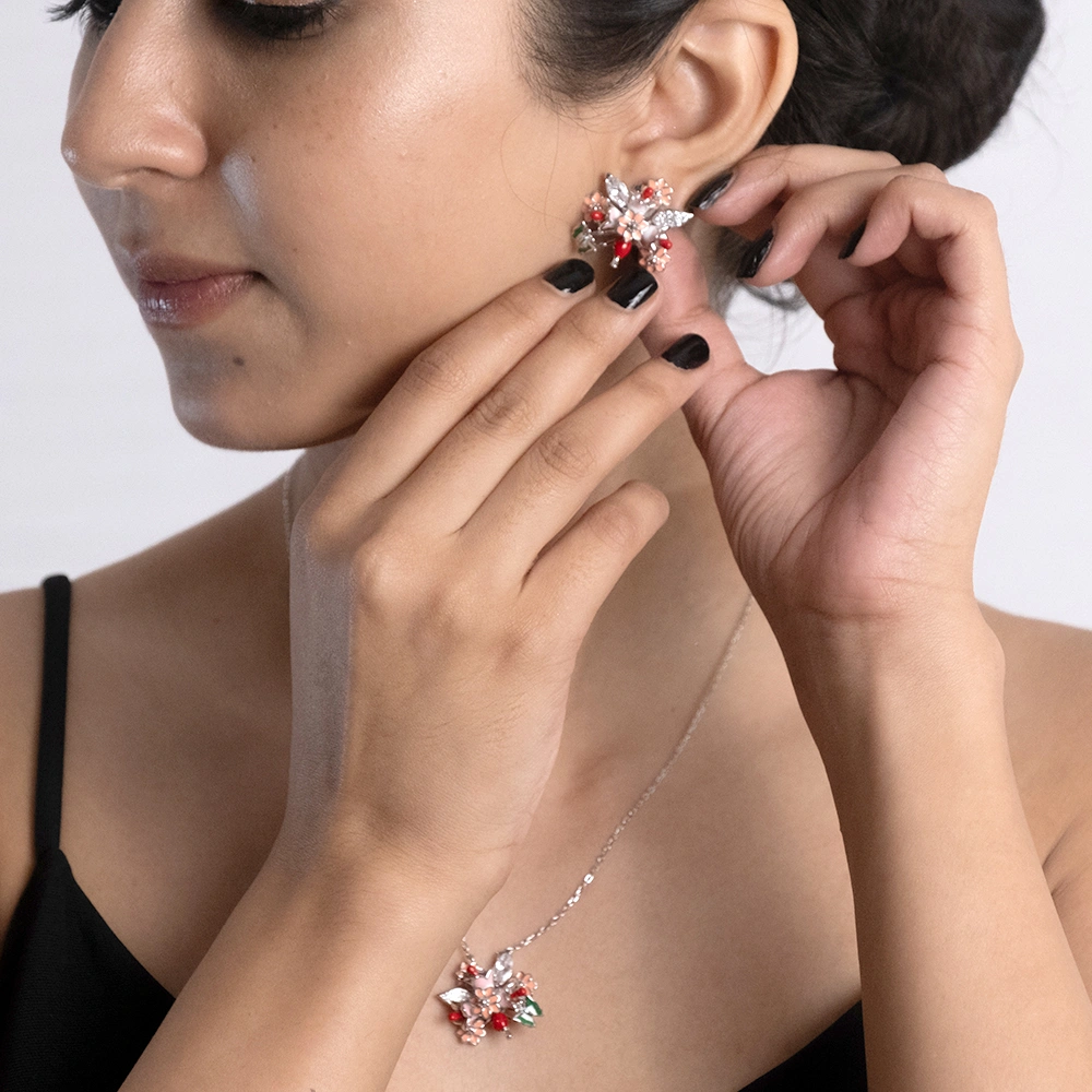 Blossom Garden Set – 925 Silver Chain Pendent & Earrings Set