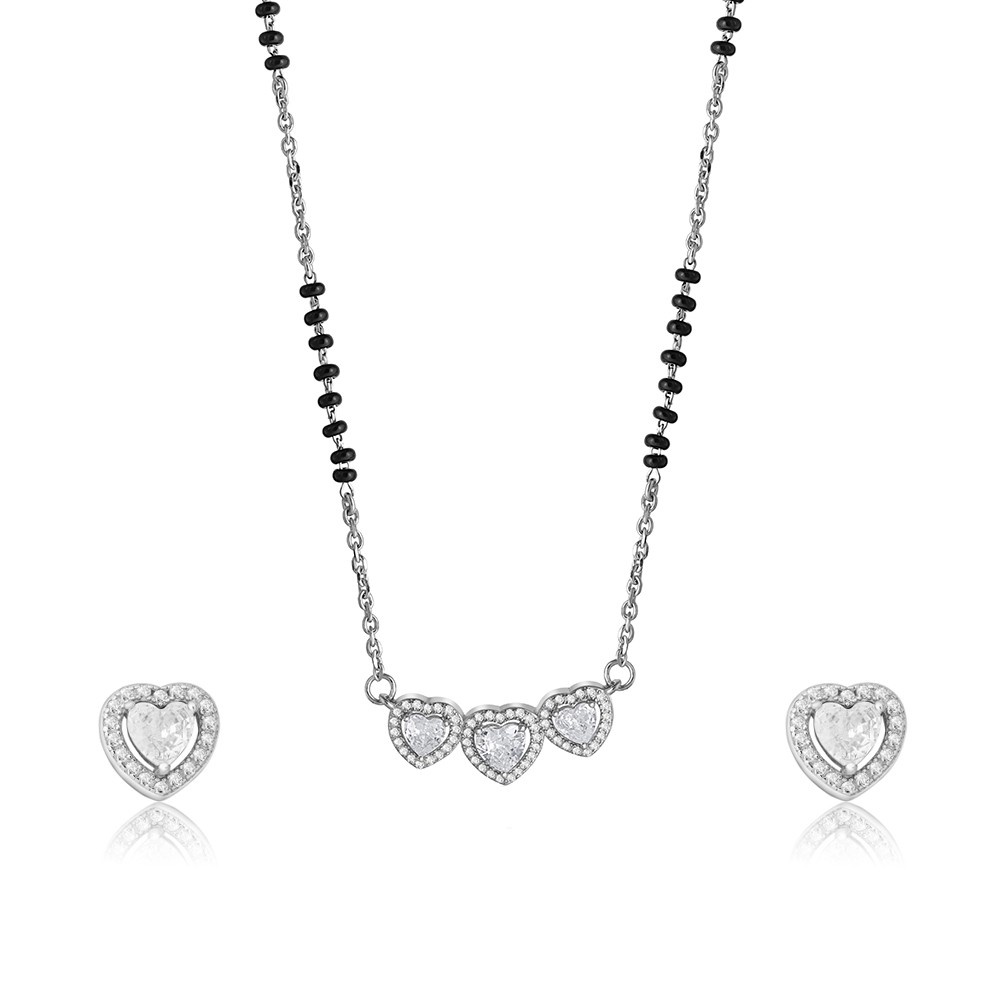 Reegalia Triple Heart CZ Silver Mangalsutra & Earring Set