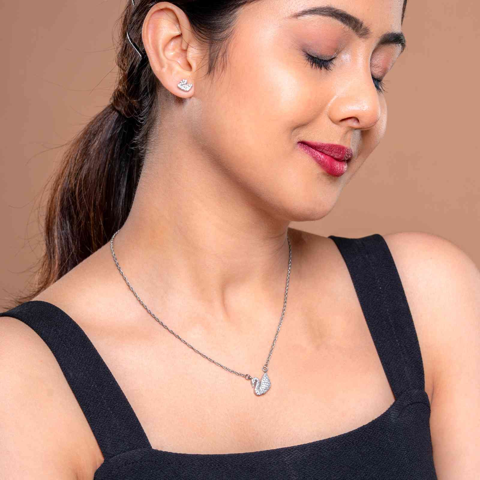 925 Sterling Silver Swan Pendant Set with Earrings