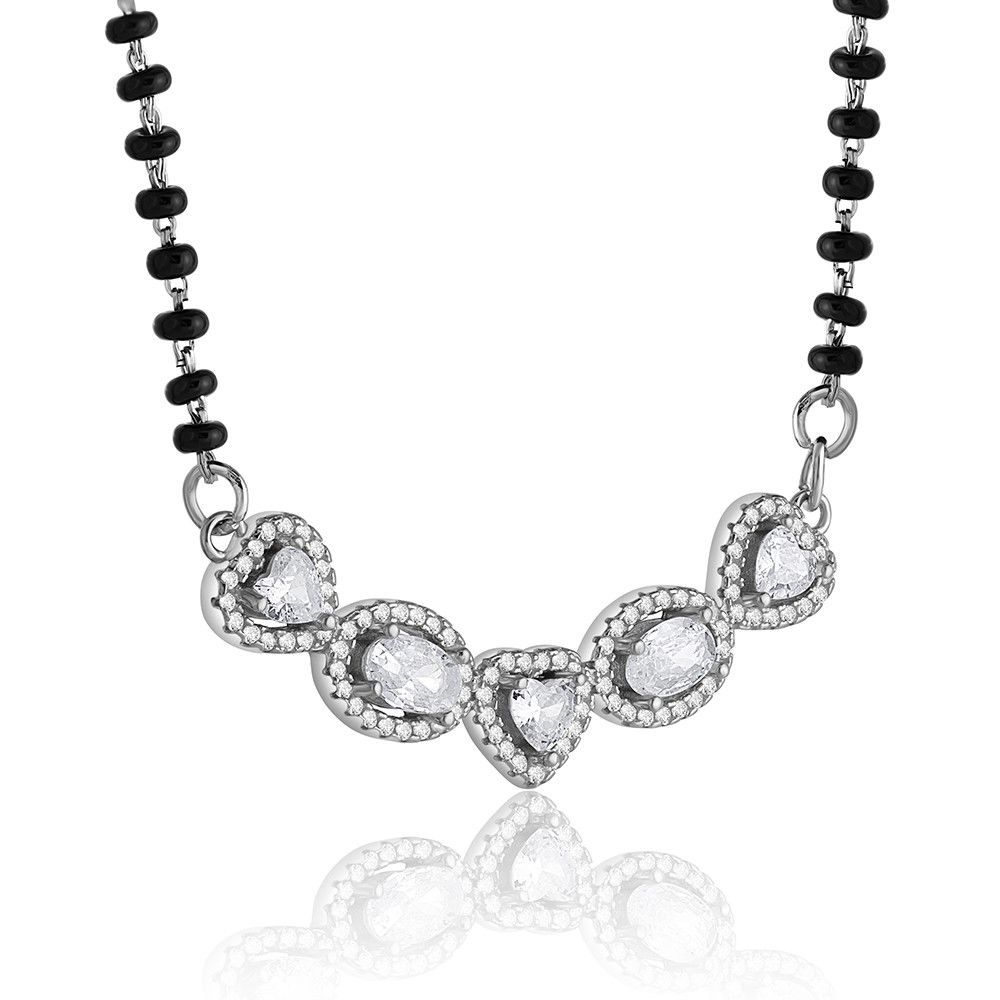 5-Heart CZ Silver Mangalsutra & Earring Set
