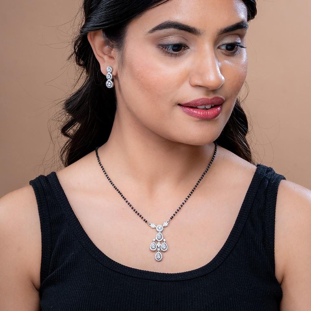 Sparkling Cascade Mangalsutra & Earring Set in 925 Silver.