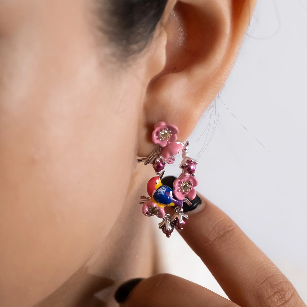 Hummingbird Harmony Earrings – 925 Silver Enamel Hoops