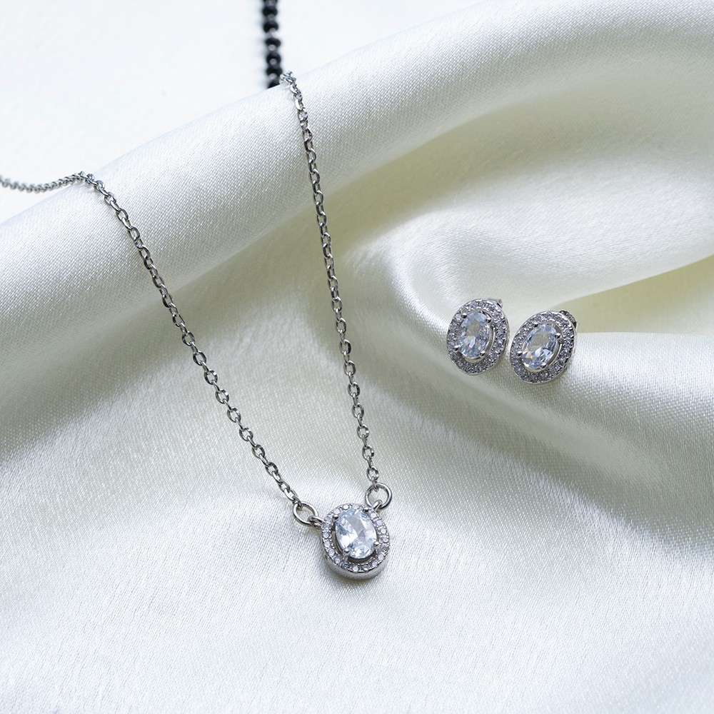 Reegalia Classic Halo Mangalsutra &  Earrings Set in 925 Silver.