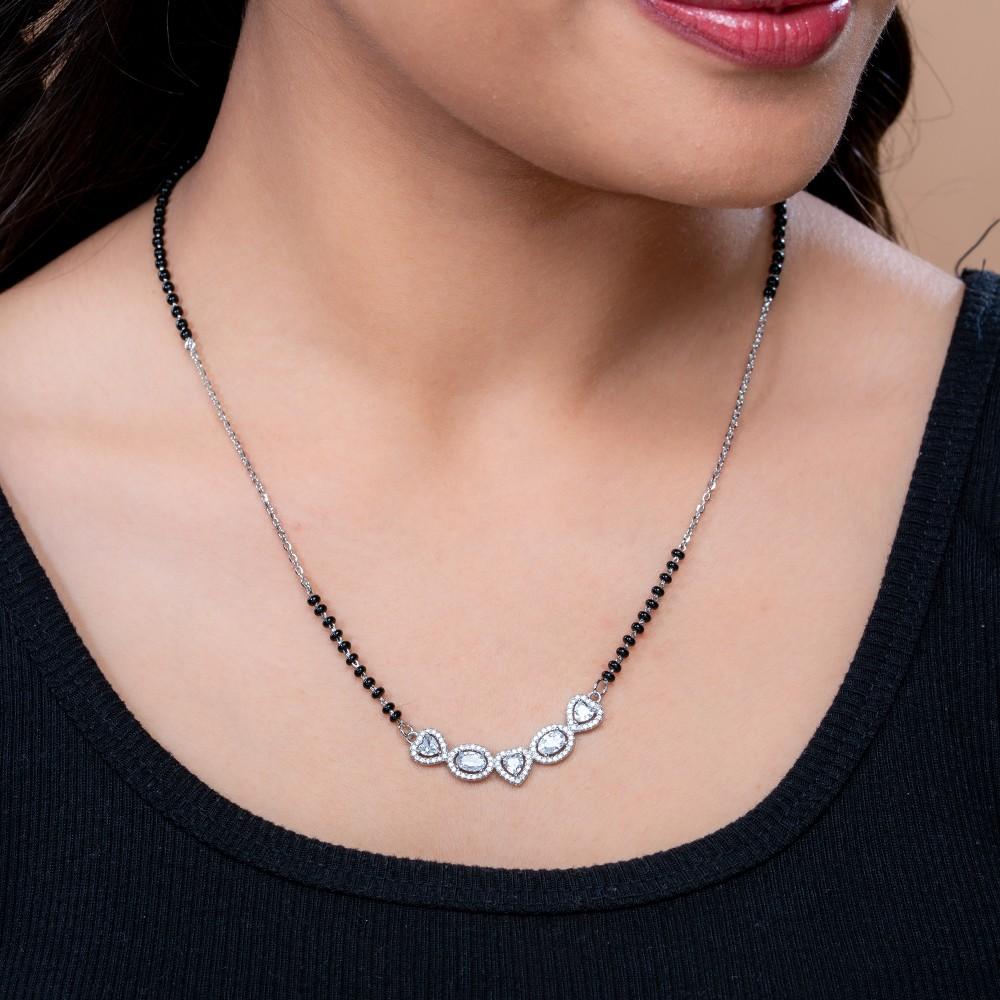 5-Heart CZ Silver Mangalsutra & Earring Set