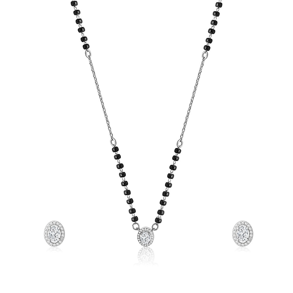 Reegalia Classic Halo Mangalsutra & Stud Earrings Set in 925 Silver.