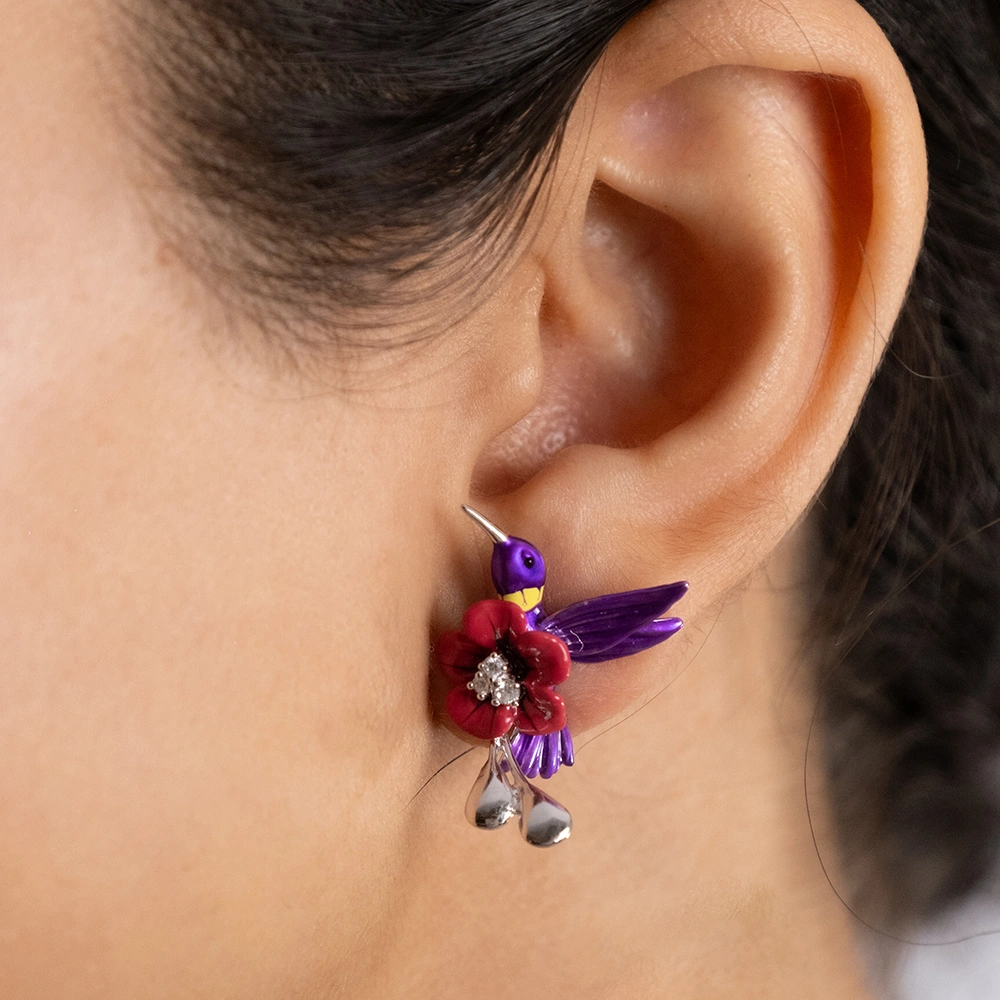 Sterling Silver Enamel Hummingbird Earrings.