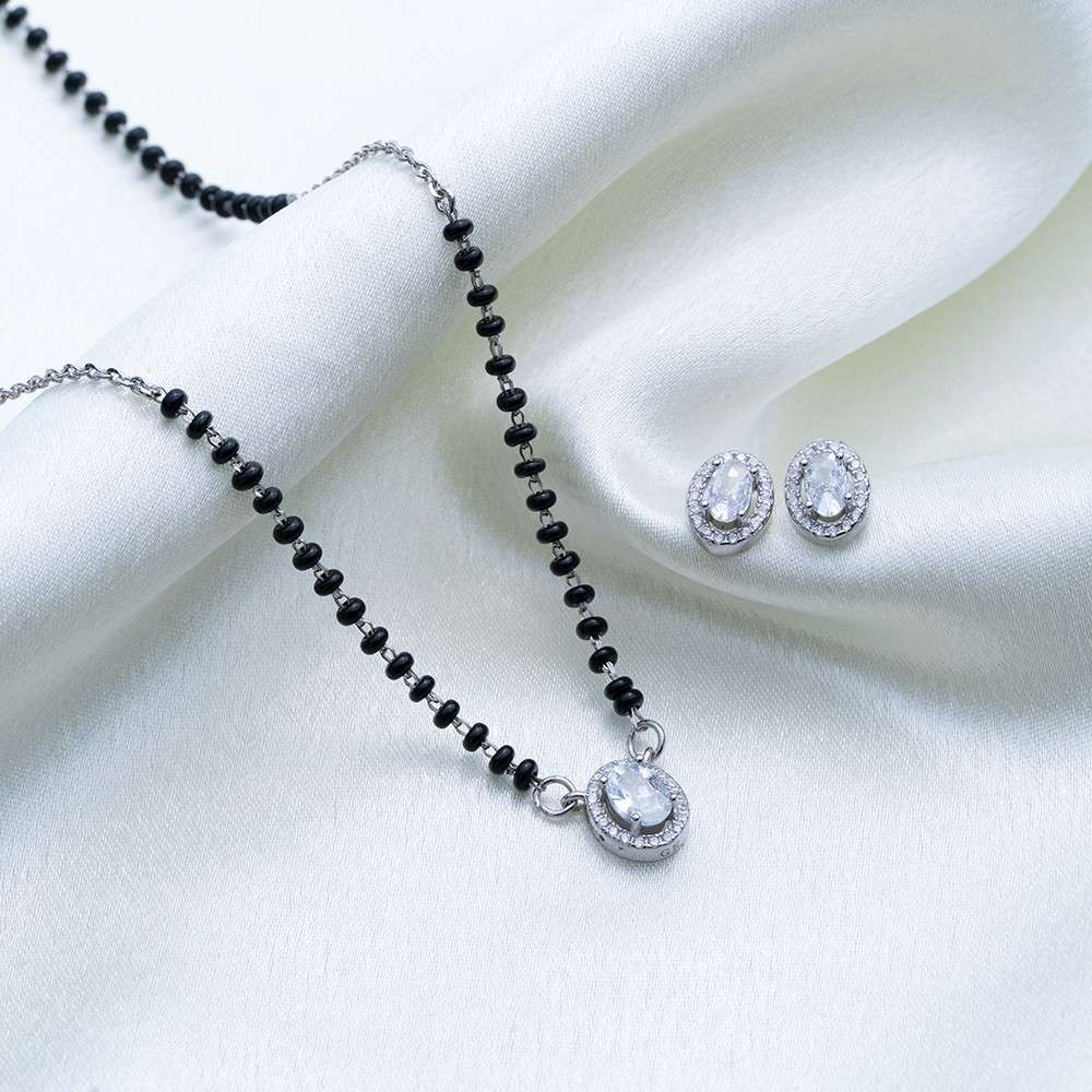 Reegalia Classic Halo Mangalsutra & Stud Earrings Set in 925 Silver.