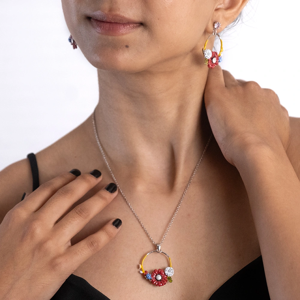 Reegalia Blooming Garden Set – 925 Silver Enamel Floral Necklace & Earrings