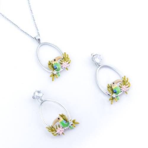 Blooming Grace Set – 925 Silver Chain Pendant & Earrings with Hand-Painted Floral Detailing
