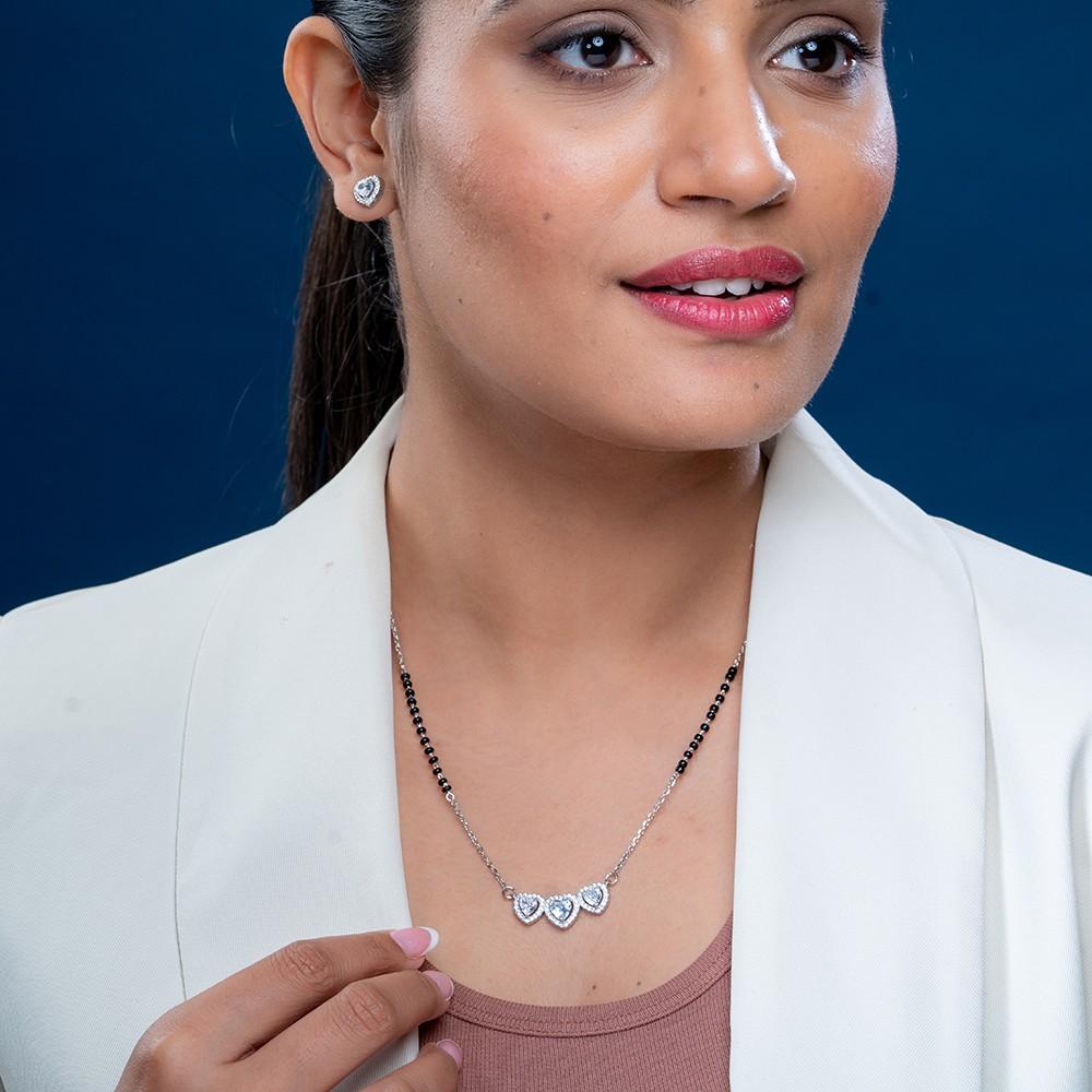 Reegalia Triple Heart CZ Silver Mangalsutra & Earring Set