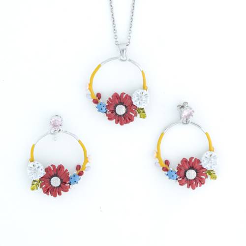 Blooming Garden Set – 925 Silver Enamel Floral Chain Pendent & Earrings